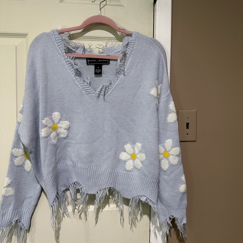 Daisy Embroidered Light Blue Sweater